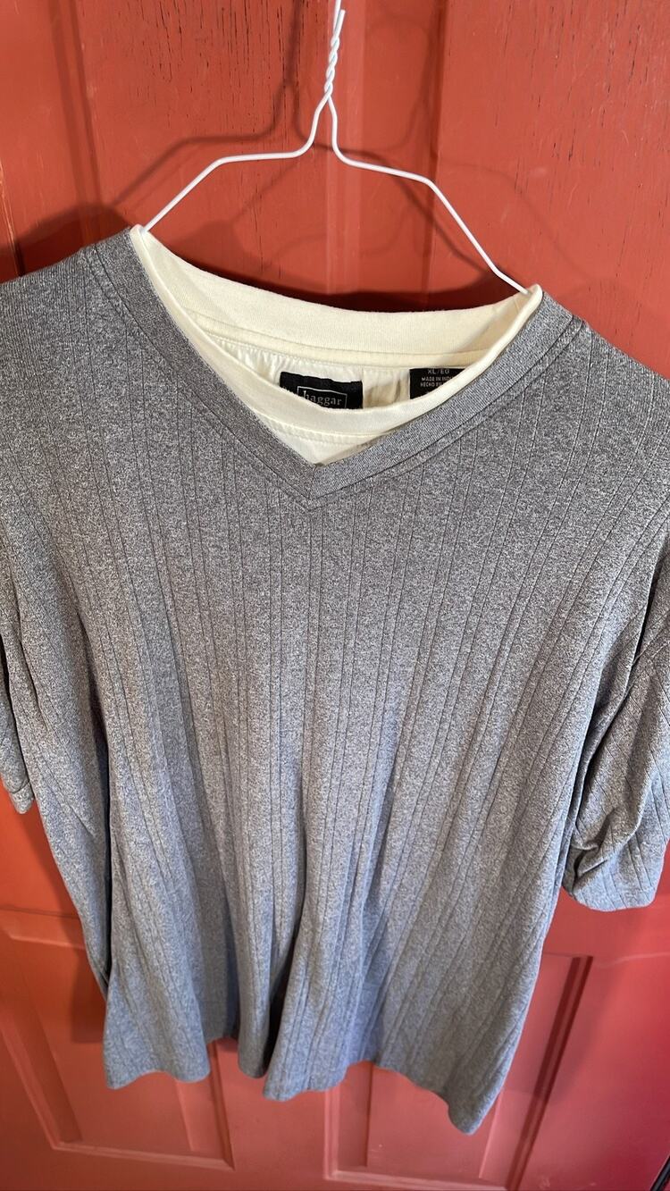 Haggar Men's XL Gray V-Neck Sweater Mock Layered Ribbed Knit Pullover XL